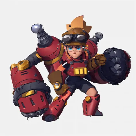A young repairman，3D Texture，Goggles，red robotic arm，Supercell style ，