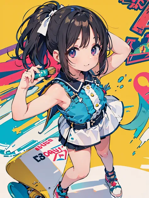  feeding、masterpiece, Highest Quality, Super Detailed, 8k, high resolution, 1 girl, dark haired, happy smile、sleeveless、pastel、skateboarding、ponytail、Posture of scraping up hair with both hands