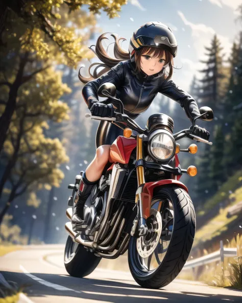 ((( Masterpiece:1.3, Best Quality, hight resolution, nffsw, Perfect Pixel,  4K, nffsw, nffsw))), 1girl in, Off-road motorcycle driving on spring country roads、18-year-old girl、jet helmet、((December scenery, white Christmas, softly falling snow, she drives ...