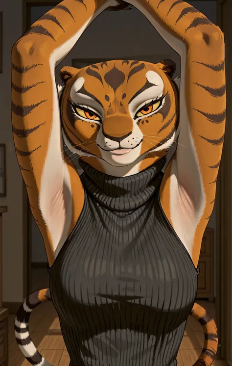 anime coloring, masterpiece, best quality, amazing quality, 1girl, solo, yellow sclera, orange eyes, m4stertigr3ss, tail, black sweater, sleeveless sweater, ribbed sweater, turtleneck, arms up, raised arms, armpits, armpits focus, head towards viewer, look...