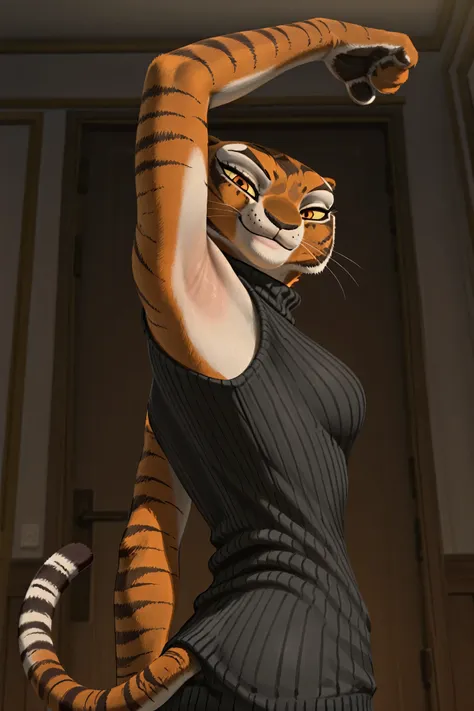 anime coloring, masterpiece, best quality, amazing quality, 1girl, solo, yellow sclera, orange eyes, m4stertigr3ss, tail, black sweater, sleeveless sweater, ribbed sweater, turtleneck, arm up, raised arm, armpit, armpit focus, head towards viewer, looking ...