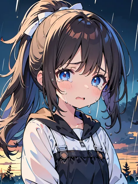 masterpiece, Highest Quality, Super Detailed, 8k, high resolution, 1 girl, dark haired, crying faces、flat chest、ponytail、Rainy season sky