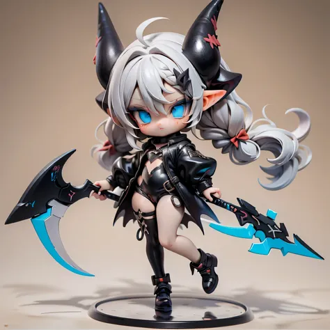 in the full-body image, a mini character with braids and silver hair, a blue-eyed woman with a scythe in cute fashion。 based on black、The figure of a succubus wearing a black costume is expressed in the highest quality 3DCG animation。 Full body image with ...
