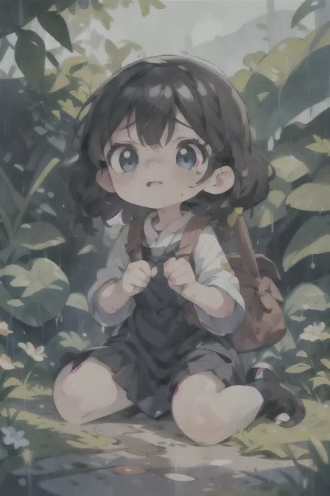 masterpiece, best quality, cute, kawaii, 1 girl,,solo,black brite hair, blue eyes,confused fase,in the slum,poor,dirty,hevy rain,food on the ground,colorless,outside,tear drop, wet clothe