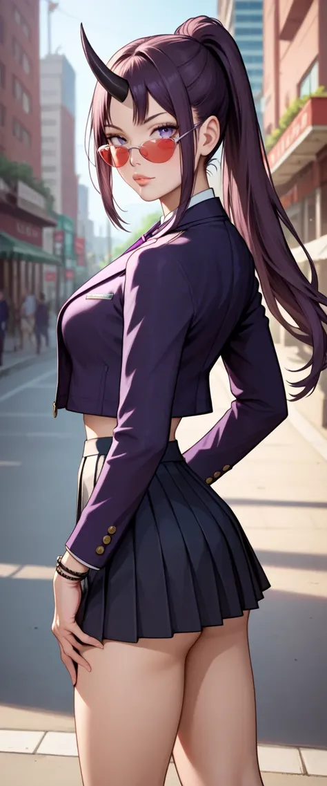 (masterpiece, best quality:1.2), 1girl, solo, beautiful anime woman with purple eyes, long lavender ponytail hair with long parted bangs, sexy body, slim waist, single black horn on forehead, wearing a purple blazer on top of a black crop top, wearing a bl...