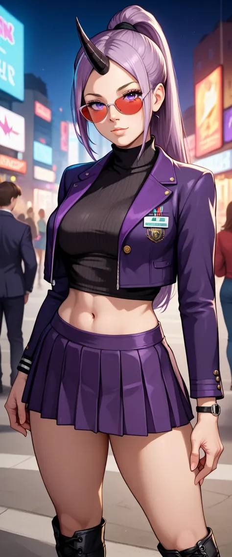 (masterpiece, best quality:1.2), 1girl, solo, beautiful anime woman with purple eyes, long lavender ponytail hair with long parted bangs, sexy body, single black horn on forehead, wearing a black crop top and a purple blazer with fur collar, wearing a long...