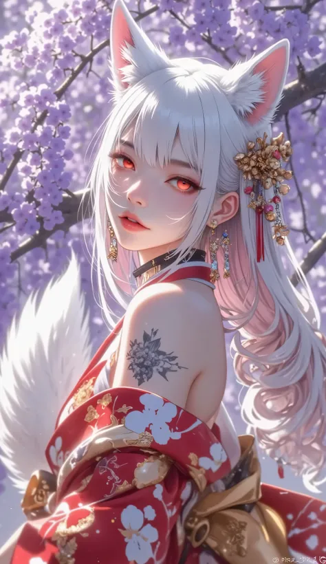 younger woman, white wolf ears, white wolf tail, with white and pink hair, red eyes, light blue kimono, off shoulder, hair simple ornament, earrings, flower tattoo, wysteria tree, 