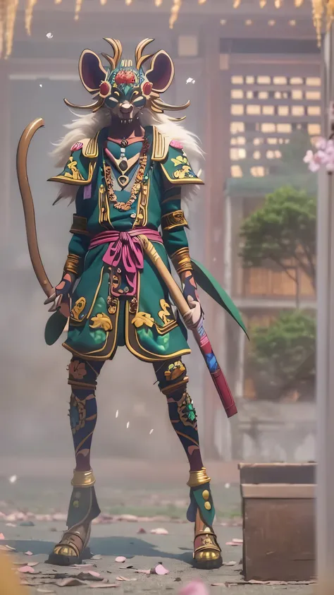 mouse head life,phantom of a Chinese zodiac rat,Sharp fangs show through cunning,slender tail wrapped around the waist,wears a dark green battle pattern tunic,shoulder armor inlaid with bronze seasonal crest,hand weaving ceremony with tender willow Long St...