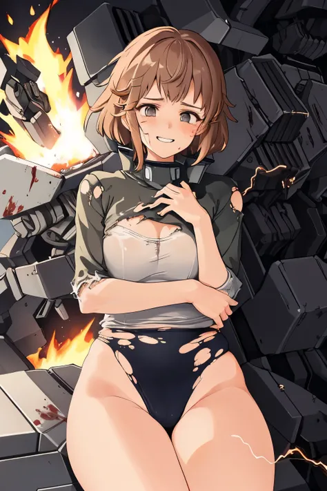 cockpit_explosion, fire, electricity,  explosion, science fiction, wide-eyed, tearing clothes, sitting,spread leg, blood, sweat, mecha, torn clothes,smile, tears, cockpit,1girl、wearing black gymnastics bloomers,high leg,white blouse,cowboy shot,self wedgie...