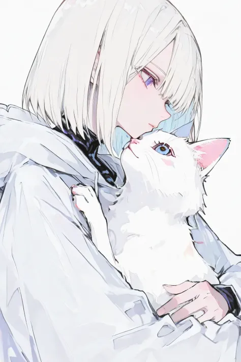 one woman、cool beauty、Fleeting、Light color、Light skin tone、profile、Embrace white kittens and stare at each other、gentle face
