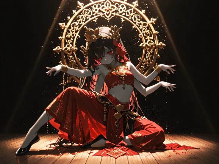 Beautiful young girl wearing a red dress, Wearing ancient Thai clothes,  Looking Forward, Wearing Thai bandana, Wearing a Thai crown on her head, Red cloth used instead of pants,Red Eyes, Lifeless eyes, Very pale skin, wearing jada, not wearing shoes, Loos...