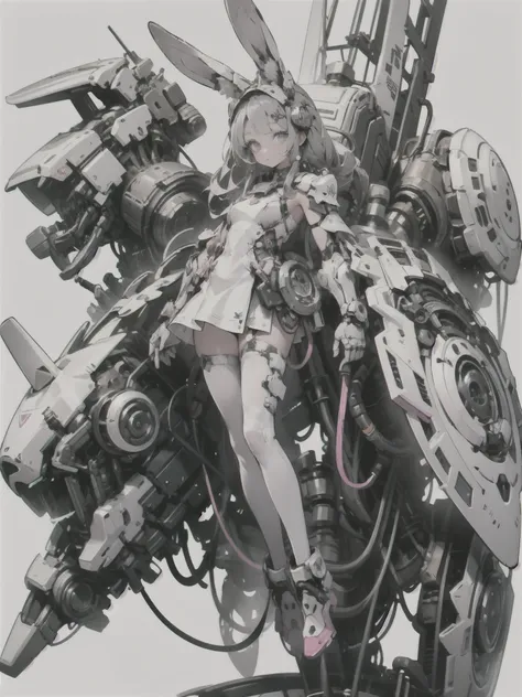 rabbit ear,  mechanic, mechanical body,, ultra detail, masterpiece, Highest Quality, esthetic, detail,, serious, 1girl, (White Eye:1.1), ( GREY EYES :1.3), gray hair, Very Long Hair, Part-hair, split bangs, smaller breasts,, Valkyrie, (bodysuit:1.1),  pink...
