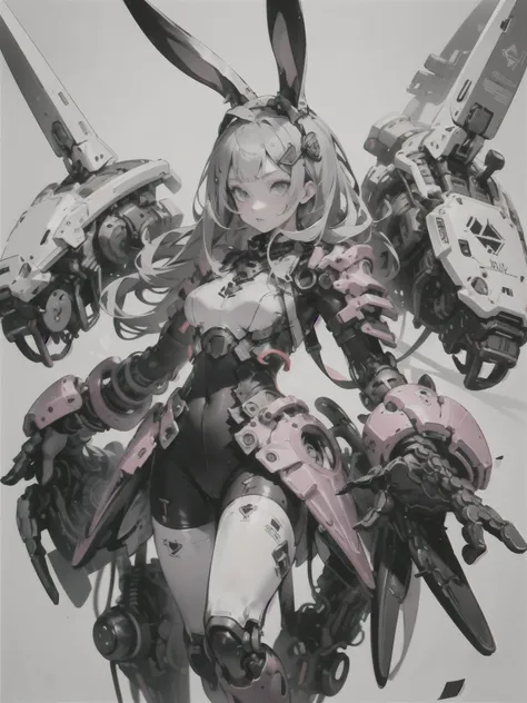 rabbit ear,  mechanic, mechanical body,, ultra detail, masterpiece, Highest Quality, esthetic, detail,, serious, 1girl, (White Eye:1.1), ( GREY EYES :1.3), gray hair, Very Long Hair, Part-hair, split bangs, smaller breasts,, Valkyrie, (bodysuit:1.1),  pink...