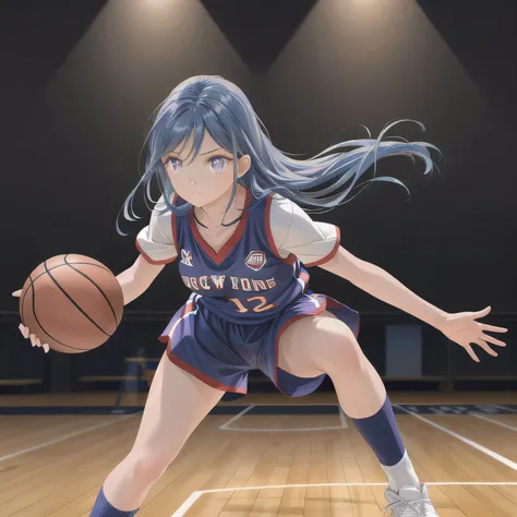 A young female basketball player makes a dynamic jump shot with elegance and control. She holds the ball firmly in both hands, her form showing strong confidence and skill. Her athletic uniform fits her form well, paired with high socks and sneakers in mat...