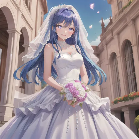 A breathtakingly beautiful 20-year-old woman stands in the courtyard of a luxurious mansion beneath a clear blue sky. She wears a white and blue wedding dress, holding a red bouquet gracefully in front of her chest. Her radiant smile and joyful expression ...