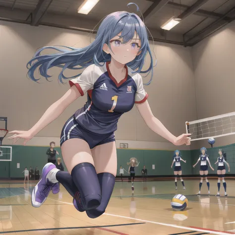 A breathtakingly beautiful 20-year-old woman soars into the air on a volleyball court inside a brightly lit gymnasium, preparing to spike the ball with precision and power. Her athletic form is accentuated by a sleek, form-fitting uniform, and her intense ...