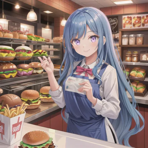 She is a cheerful girl working behind the counter at a cozy burger shop. She is wearing a cute burger shop uniform and smiling warmly at the customers. The background shows a bright and clean fast food counter with menu boards. Long hair, blue hair, purple...