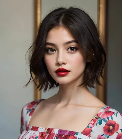 390 ((young woman)),(short hair),(floral dress),(Lipstick)