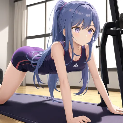 A person doing a plank exercise on a mat in a fitness gym, minimal equipment, bright interior. Long hair, blue hair, purple eyes.