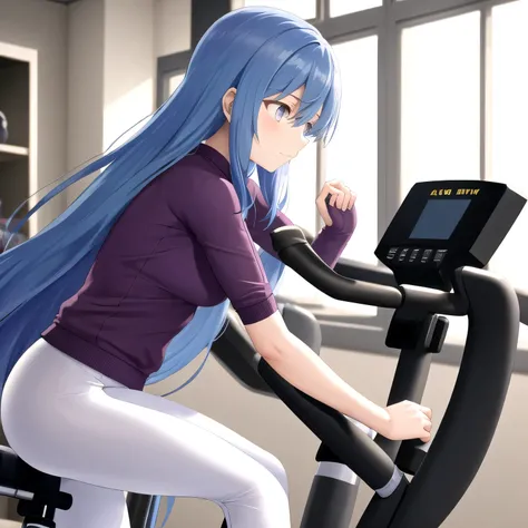 A fitness gym, a person training on a stationary bike, side view, bright morning sunlight through large windows. Long hair, blue hair, purple eyes.