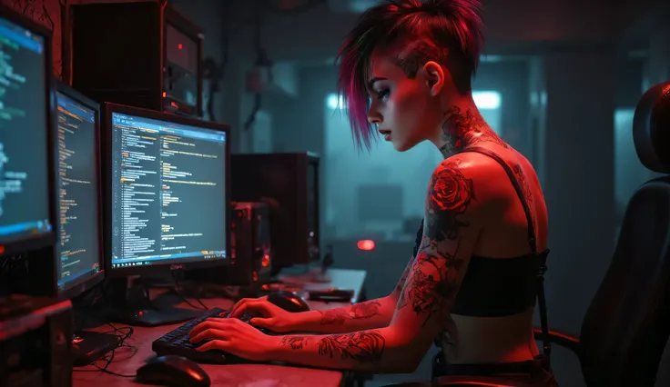 1 girl, solo, cyberpunk 2027, room background, desk, 3 monitor, pc, pants, (from side), (programming), typing on keyboard, monitor light, light on face, black and red hair, left side of head shaved, neck rose tattoo, black spiderweb tattoo on right shoulde...