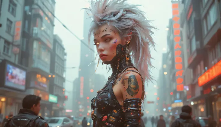 Cyberpunk Elf girl, tall bushy Mohawk, silver hair, perfect body, Heavy Metal, futuristic cityscape background, sexy, seductive, high detail, masterpiece.