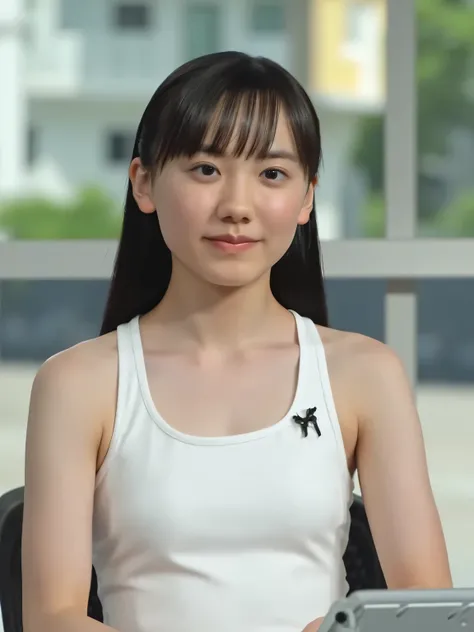 The age is different２elementary school girls walking along the sidewalk on the main road on the way to school in the morning, Has long hair and is wearing a white leotard swimsuit, Sit at a desk in the TV studio
