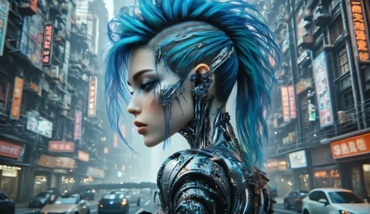 Cyberpunk Elf girl, tall bushy Mohawk, blue hair, perfect body, Heavy Metal, futuristic cityscape background, sexy, seductive, high detail, masterpiece.