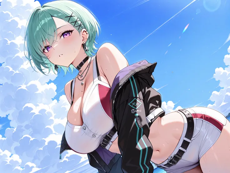 1girlsolo,masterpiece,best quality, amazing quality, highres, absurdres, very aesthetic, high resolution, ultra detailed, perfect details,(masterpiece, detailed:1.2),beni sporty, short hair, x hair ornament, black choker, necklace, earrings, white crop top...