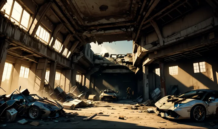 destroyed lamborghini factory oil cans are scattered a dark side few sun rays entered from a corner. broken lamborghini is standing mask men are looking 4k detailed apocalypse view none living environment toxic gasses area