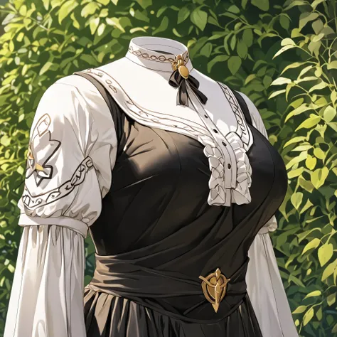 Hilda Valentine Goneril, white blouse, black skirt, Garreg Mach uniform, masterpiece, in garden, (invisible:1.5, no humans:1.5, headless:1.5, faceless:1.5), cute big breasts, detailed cloth texture, extremely details, close-up to breasts