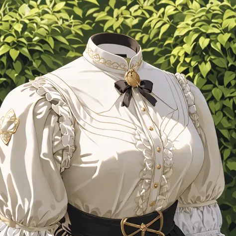 Hilda Valentine Goneril, white blouse, black skirt, Garreg Mach uniform, masterpiece, in garden, (invisible:1.5, no humans:1.5, headless:1.5, faceless:1.5), cute big breasts, detailed cloth texture, extremely details, close-up to breasts