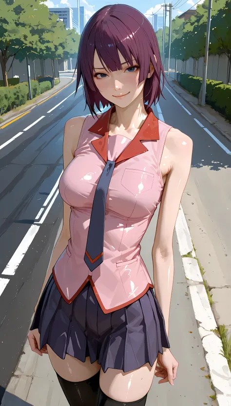 (masterpiece,best quality:1.2,amazing quality,very aesthetic,absurdres,newest,realistic), Senjougahara Hitagi,bakemonogatari,1woman,solo,(ideal ratio body proportions:1.2),(slender body:1.2,skinny:1.2),medium breasts,short hair,shy smile,pink school unifor...