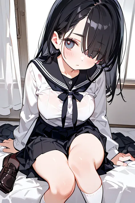 Shyness，（One-eyed hair with bangs）， natural body，（（JK school uniform，Skirt，knee-high socks that hide in knits，Loafers，）），Detailed Clothes，（Slender Body，marshmallow breasts ），BEAUTIFUL BLACK HAIR，Beautiful dark eyes，well-groomed face，Clear Skin，Fair skin，Ja...