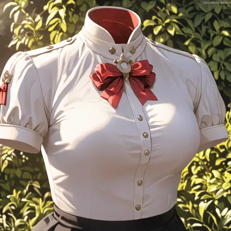 Hilda Valentine Goneril, white blouse, black skirt, Garreg Mach uniform, masterpiece, in garden, (invisible:1.5, no humans:1.5, headless:1.5, faceless:1.5), cute big breasts, detailed cloth texture, extremely details, close-up to breasts