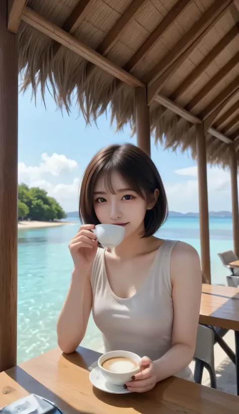 A cute woman 、I'm just relaxed, drinking tea in a beautiful overwater cottage cafe. White sands and crystal clear turquoise waters, watercolor fusion, Acrylic and Collage, Conceptual Installation Art, Super Detailed, absolute resolution, masterpiece
