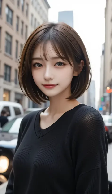 (((face close-up)))、(((Brown, shoulder length, straight short bob with legs extended)))、(((She has the New York skyline in the background、posing like a model at a beauty salon。.)))、(((casual black long sleeve winter clothes)))、 half Japanese 、Half Korean、...