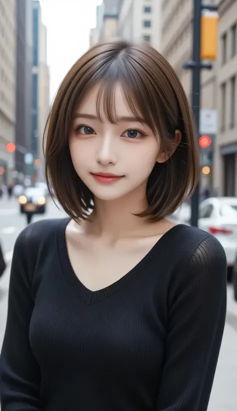 (((face close-up)))、(((Brown, shoulder length, straight short bob with legs extended)))、(((She has the New York skyline in the background、posing like a model at a beauty salon。.)))、(((casual black long sleeve winter clothes)))、 half Japanese 、Half Korean、...