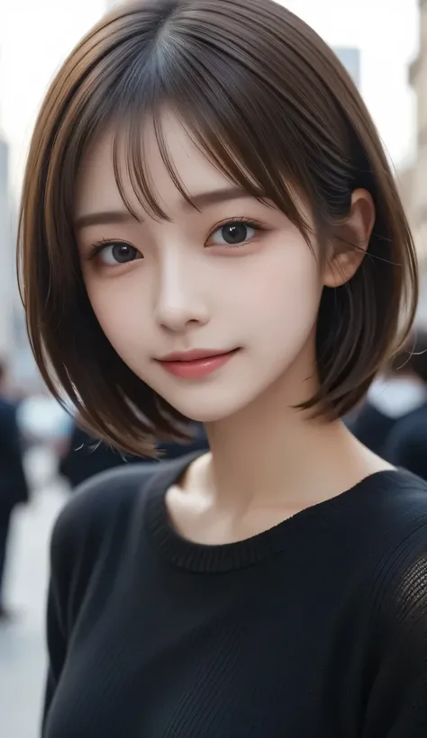 (((face close-up)))、(((Brown, shoulder length, straight short bob with legs extended)))、(((She has the New York skyline in the background、posing like a model at a beauty salon。.)))、(((casual black long sleeve winter clothes)))、 half Japanese 、Half Korean、...