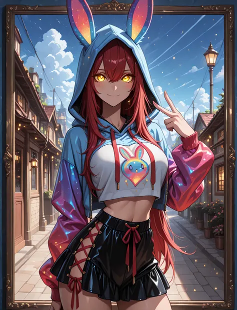 glowing eyes, rainbow rabbit ear jacket, crop top, hood up, bow on chest,  mini skirt, laced skirt, collerful, 1 girl , golden eyes , very long hair , long sidelocks, red hair , petite , very cute , beautiful ,Straight hair, cool, handsome, hair between ey...