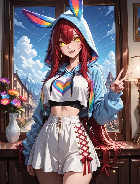 glowing eyes, rainbow rabbit ear jacket, crop top, hood up, bow on chest,  mini white  skirt with rainbow flowers, laced skirt, collerful, 1 girl , golden eyes , very long hair , long sidelocks, red hair , petite , very cute , beautiful ,Straight hair, coo...
