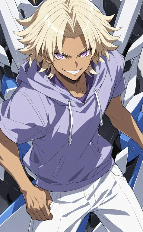 1male,solo,marikuish,dark skin,purple eyes,blonde hair,medium hair,parted bangs, purple top tank hoodie, white short pants, smirk,male_focus,Gundam Build Fighters Style 