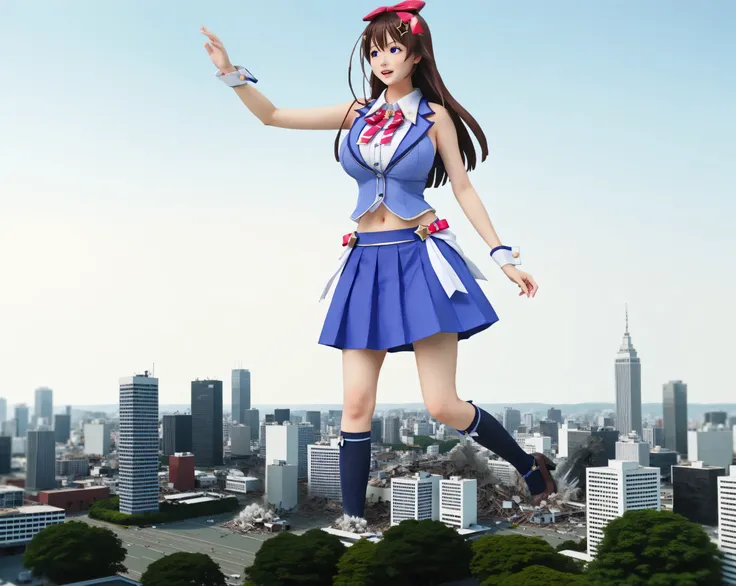   And sky , one girl on break day, score_9, score_8_up, score_7_up, My hair, has a scoundrel expression「 And sky 」, 茶色いMy hair,, long My hair , star-shaped My hair accessory ,   My hair bow , blue eyes , blue vest , sleeveless shirt , red ribbon , belly bu...