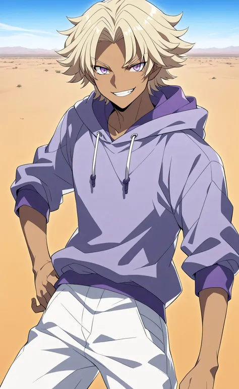 1male,solo,marikuish,dark skin,purple eyes,blonde hair,medium hair,parted bangs, purple top tank hoodie, white short pants, smirk,male_focus,desert background,Gundam Build Fighters Style