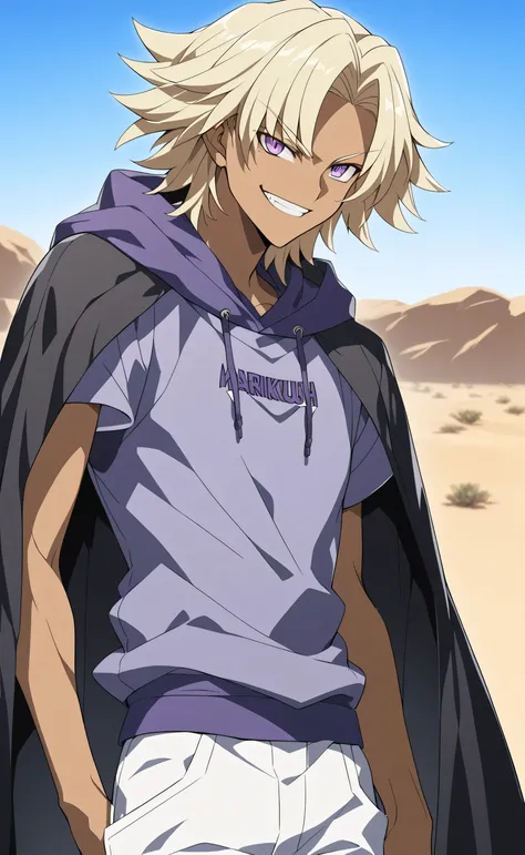 1male,solo,marikuish,dark skin,purple eyes,blonde hair,medium hair,parted bangs, purple top tank hoodie, white short pants,black cape, smirk,male_focus,desert background,Gundam Build Fighters Style