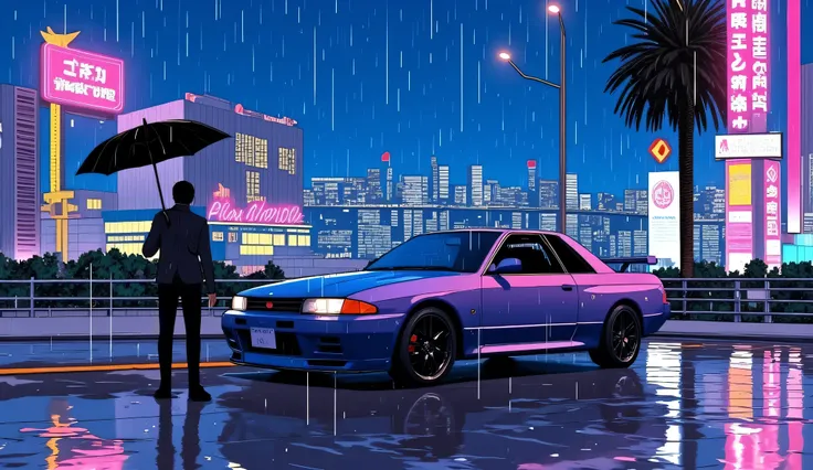 80's、night、It's raining、NISSAN、A man is holding an umbrella next to the R32 Skyline GTR、neon、moon