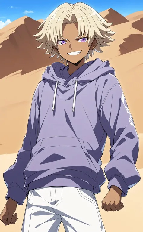1boy,young,solo,marikuish,dark skin,purple eyes,blonde hair,medium hair,parted bangs, purple top tank hoodie, white short pants, smirk,male_focus,desert background,Gundam Build Fighters Style