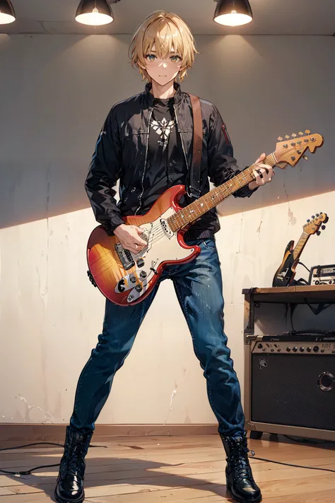 ((Full Body、full body))((masterpiece, Highest Quality, high resolution)), ((Highly Detailed CG Integrated 8K Wallpaper)),  ((Handsome guy with a firm body))(黄色のelectric guitarと白のシャツを着た男性),Short golden hair、black jacket、dark blue thick jeans、  strong man、Dr...