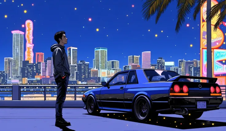 80's、night、NISSAN、A man stretches his back and looks up at the moon next to the R32 Skyline GTR、DOWNTOWN、neon、glitter