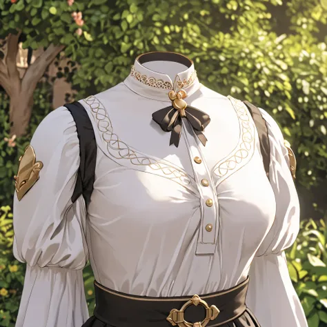 Hilda Valentine Goneril, white blouse, black skirt, Garreg Mach uniform, masterpiece, in garden, (invisible:1.5, no humans:1.5, headless:1.5, faceless:1.5), cute big breasts, detailed cloth texture, extremely details, close-up to breasts